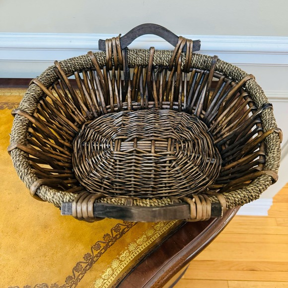 VTG Wicker Braided Rope Rectangular Boho Large Basket with 2 wood handles - Picture 2 of 5